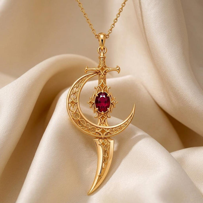 Gold Plated Silver Moonblade pendant with an openwork crescent, cross-shaped upper detail, red marquise-shaped center stone, and tapered lower drop on champagne satin