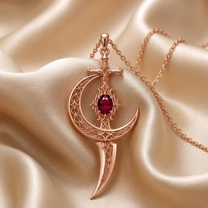 Rose Gold Plated Moonblade pendant and chain displayed on champagne satin