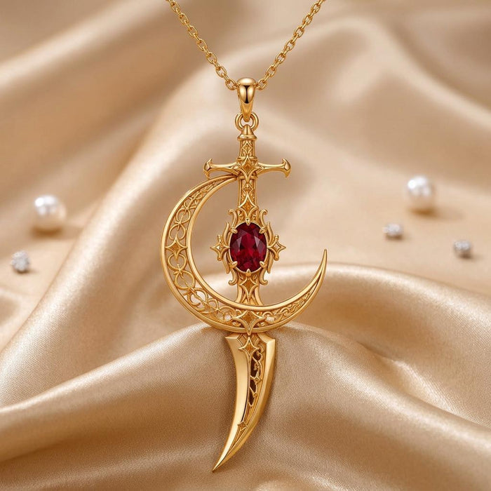 Front view of a Gold Plated Silver Moonblade pendant with crescent filigree, cross-shaped upper detail, star-like accents, and pointed lower drop