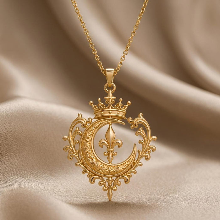 Close view of the Gold Plated Silver Regal Moon Crest pendant with crown, crescent, fleur-de-lis, and scrolling frame