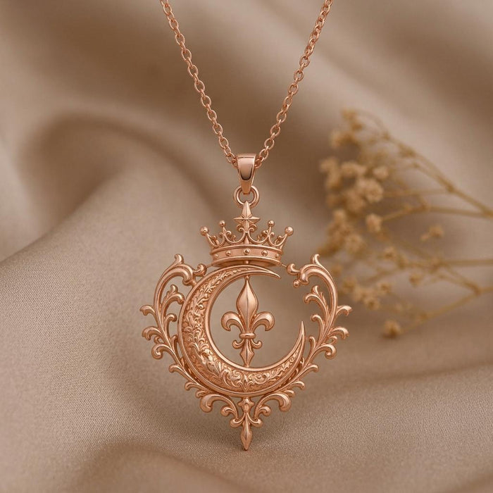 Rose-tone Regal Moon Crest pendant displayed on draped beige fabric with dried flowers