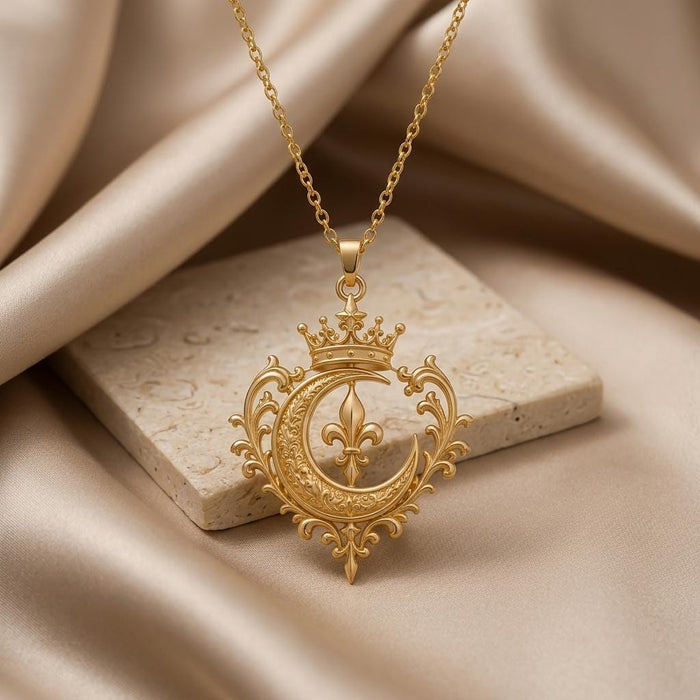 Gold Plated Silver Regal Moon Crest pendant displayed on a pale stone block with draped neutral fabric