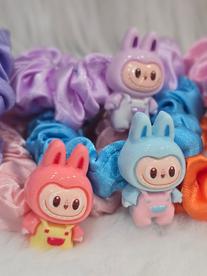 Handmade scrunchies with Acrylic detachable charms- Labubu- set of 5pcs