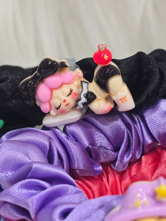 Handmade scrunchies with Acrylic detachable charms- Sleeping wendy popmart- set of 5pcs