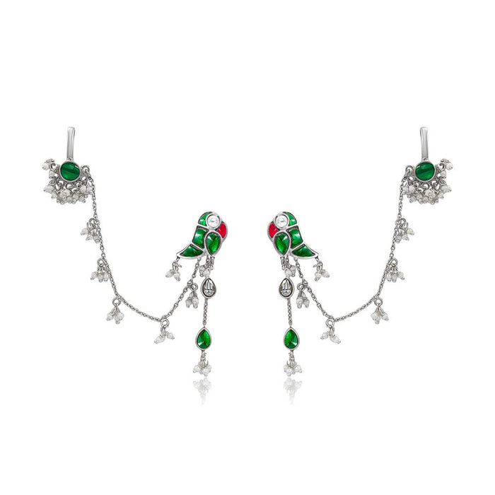 Mithu Dual Charm Silver Chain Earrings