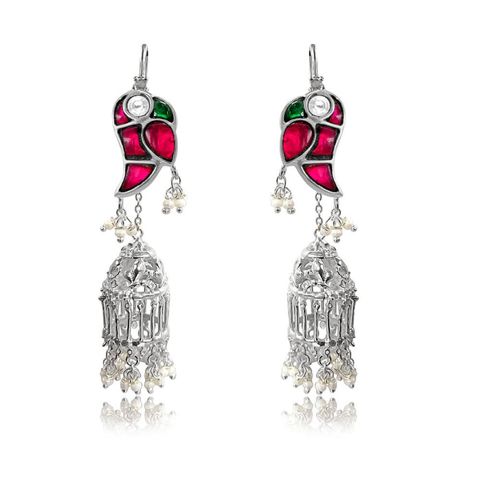 Mithu Gulmohar Cage Silver Sui Dhaga Earrings