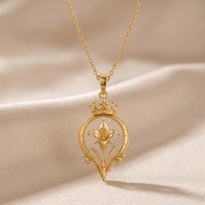 Close-up of the Gold Plated Silver Monarch Lily Halo Pendant showing the crown, circular halo, lily, and pointed base