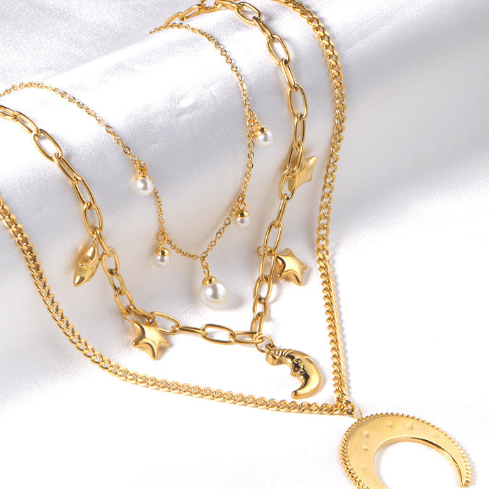 Moon+Star+Pearl Pendant Triple Chain 50+45+37+5cm Golden asonjewelry