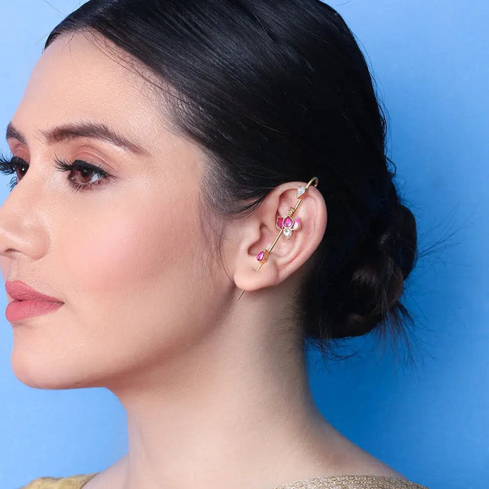 Needle Silver lotus Kundan Earcuff