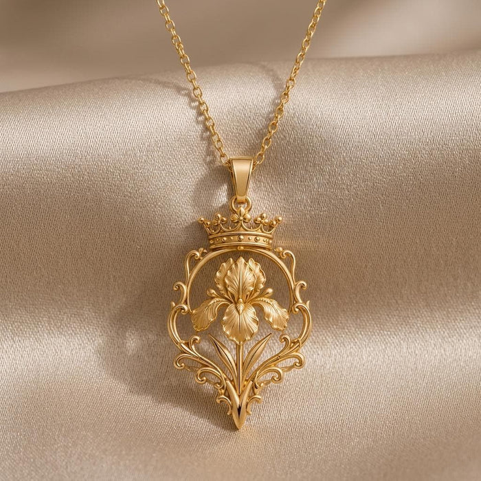 Close view of the Gold Plated Silver crowned iris pendant with scrolling openwork frame