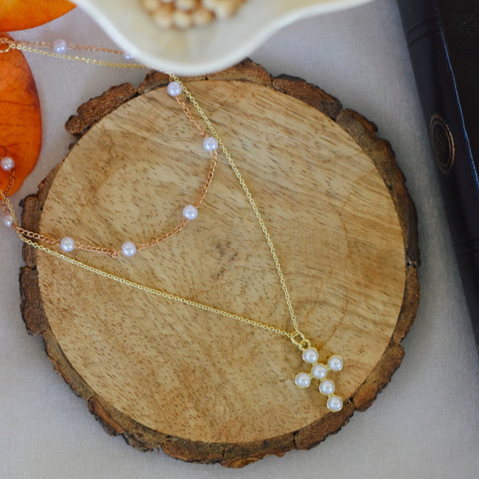 Pearl Cross Double Layer Necklace