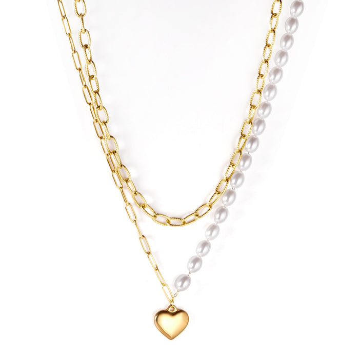 Pearl + heart pendant double chain 45+40+5cm gold color asonjewelry