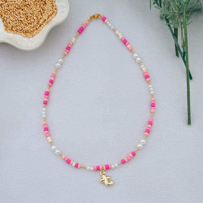 Pink Beaded Initial Necklace
