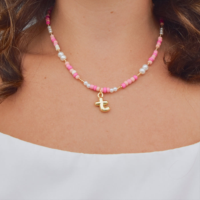 Pink Beaded Initial Necklace