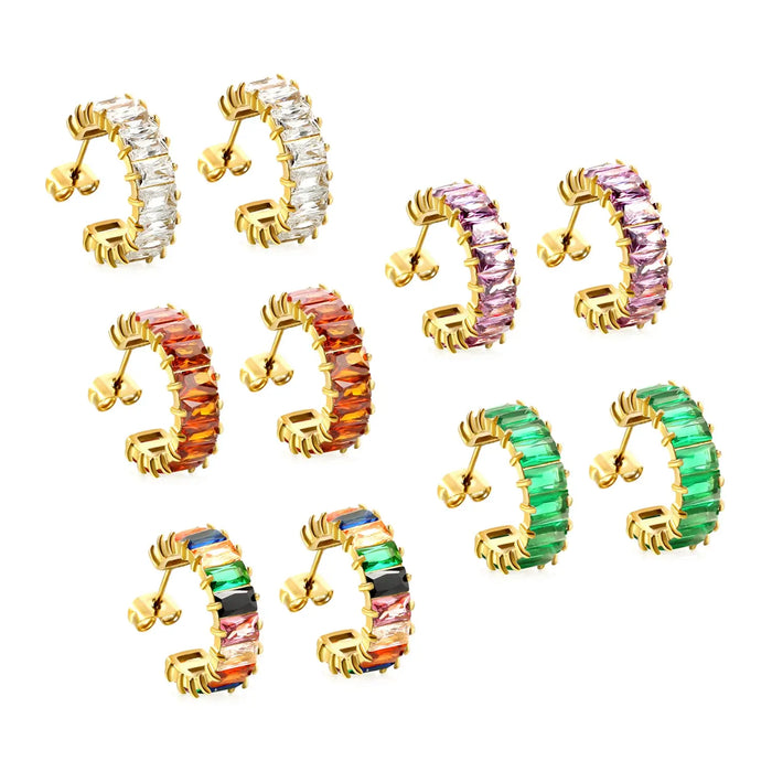 C-Shape with Two Catch Baguette White&Purple&Green&Mixed Diamond Stud Earrings 6.8*21mm asonjewelry