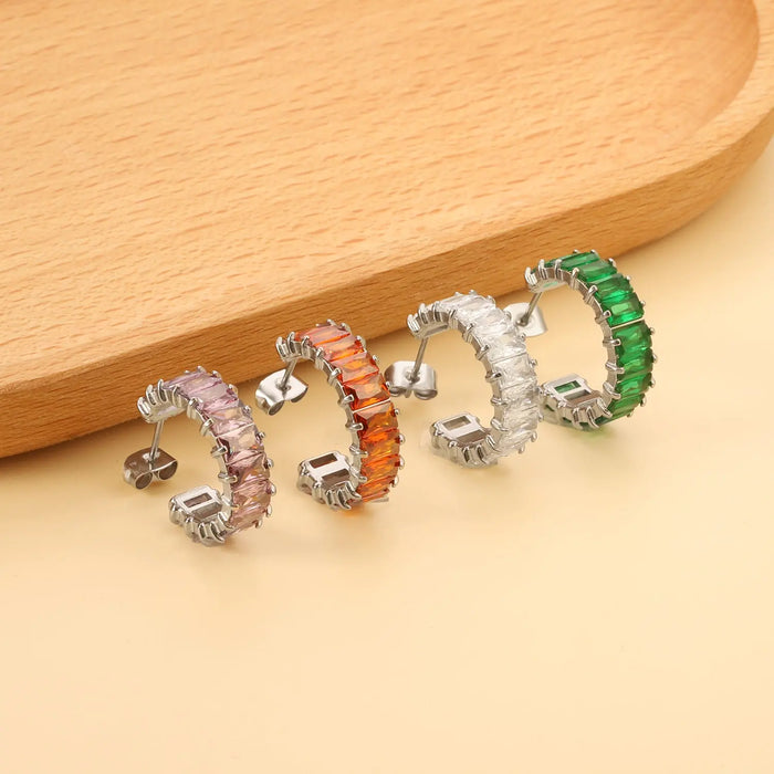 C-Shape with Two Catch Baguette White&Purple&Green&Mixed Diamond Stud Earrings 6.8*21mm asonjewelry