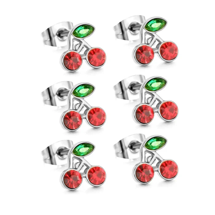 3PCS 8.6*8.4mm Cherry green diamonds + white diamonds ordinary pin earrings steel color / gold color asonjewelry
