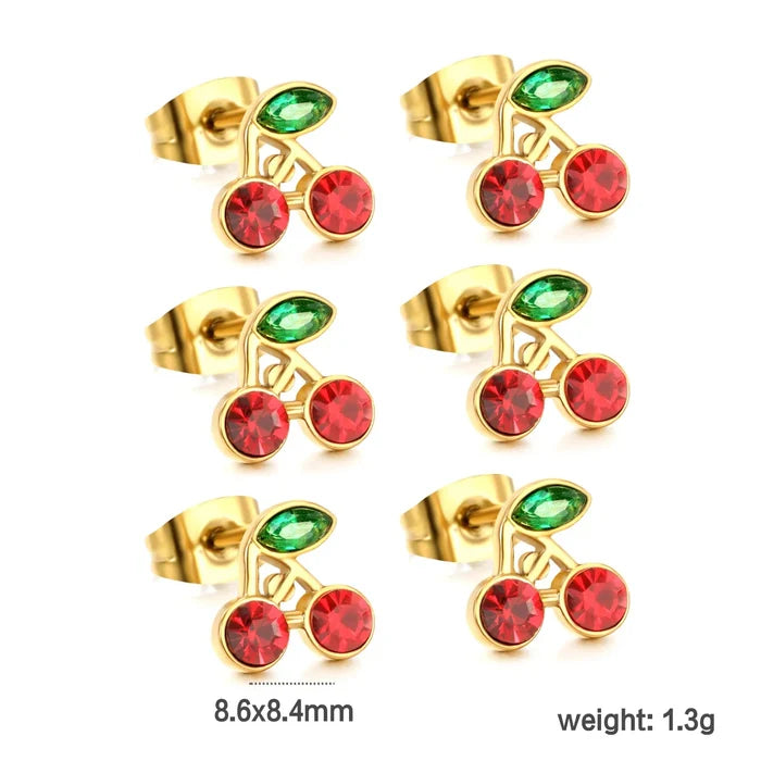 3PCS 8.6*8.4mm Cherry green diamonds + white diamonds ordinary pin earrings steel color / gold color asonjewelry
