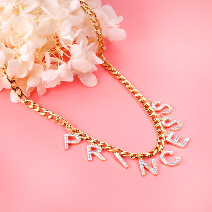 PRINCESS pendant with diamonds necklace 45+5cm gold color asonjewelry
