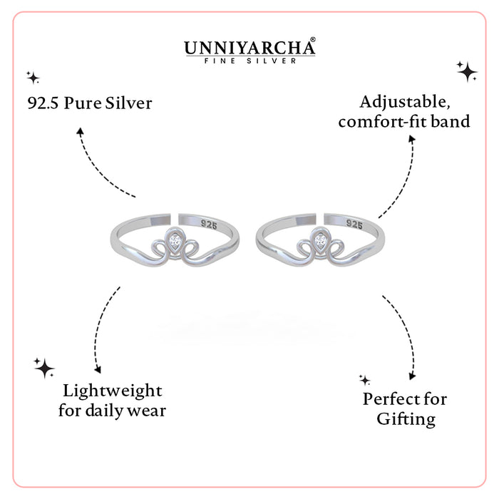 Pure 92.5 Silver Crown Toe Rings (Pair)