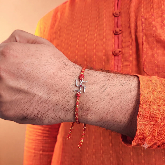 Pure 92.5 Swastik Silver Rakhi with Chandan Tilak Set