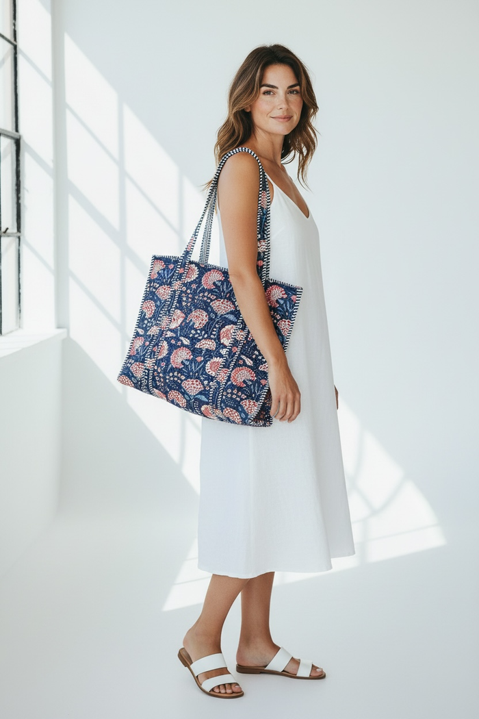 Quilted Cotton Bag - Blue Red Floral