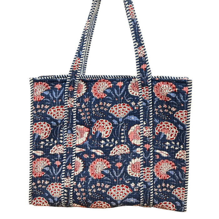Quilted Cotton Bag - Blue Red Floral