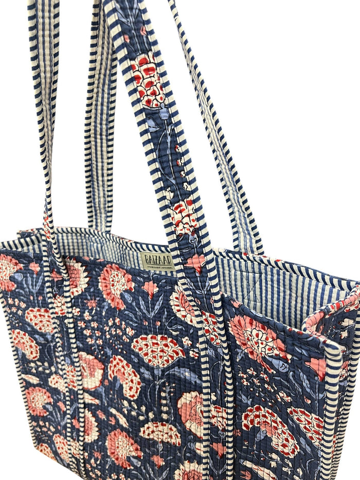 Quilted Cotton Bag - Blue Red Floral