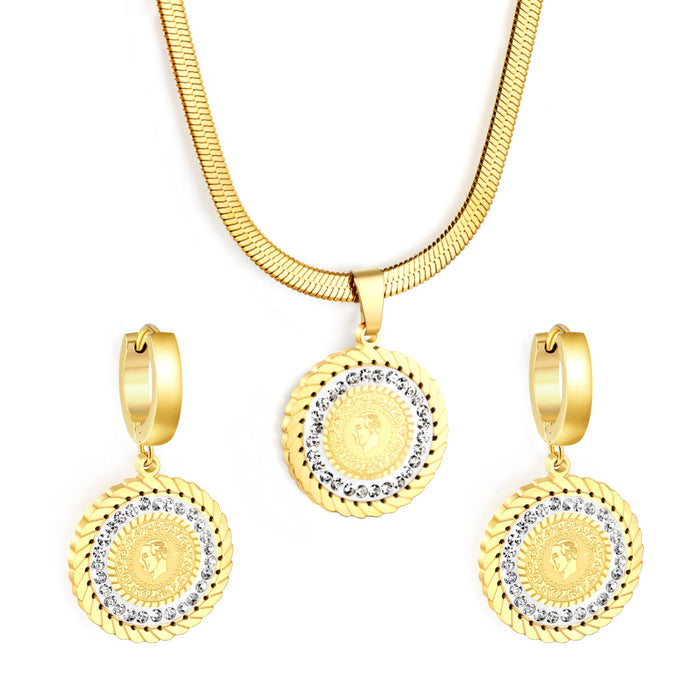 Round Cake Portrait Set Gold Earrings: 20.2mm Pendant: 20.2mm3.2 Push Dense Chain 42+5cm asonjewelry