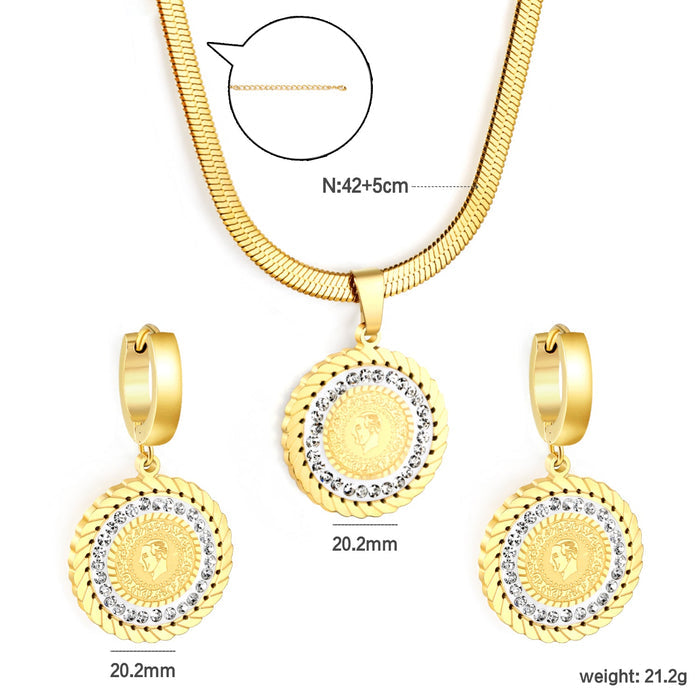 Round Cake Portrait Set Gold Earrings: 20.2mm Pendant: 20.2mm3.2 Push Dense Chain 42+5cm asonjewelry