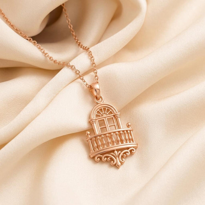 Rose Gold Plated Royal Balcony Pendant Necklace on folded champagne satin