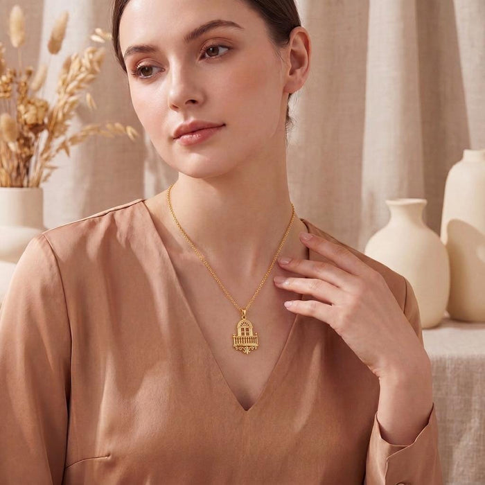 Gold Plated Silver Royal Balcony Pendant Necklace worn with a V-neck blouse