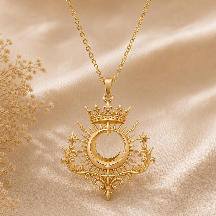Gold Plated Silver Royal Eclipse Tiara Pendant with crowned crescent and radiant rays on champagne satin