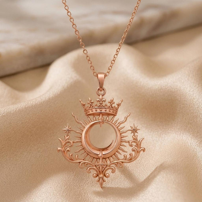 Rose Gold Plated Royal Eclipse Tiara Pendant displayed on champagne satin
