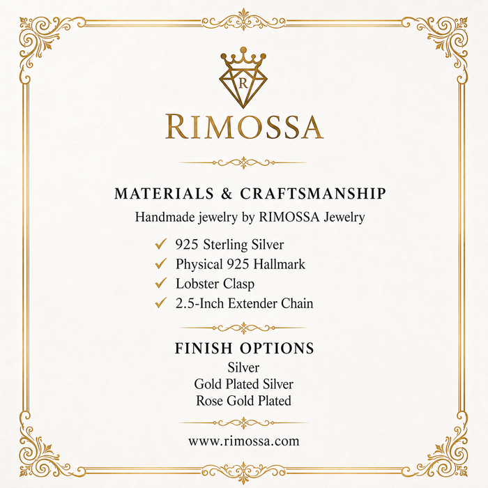 RIMOSSA Jewelry materials and craftsmanship card for 925 sterling silver jewelry
