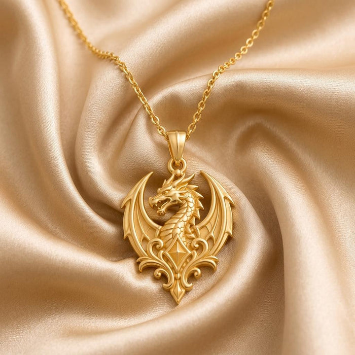 Gold Plated Silver Dragon Crest Pendant on champagne satin