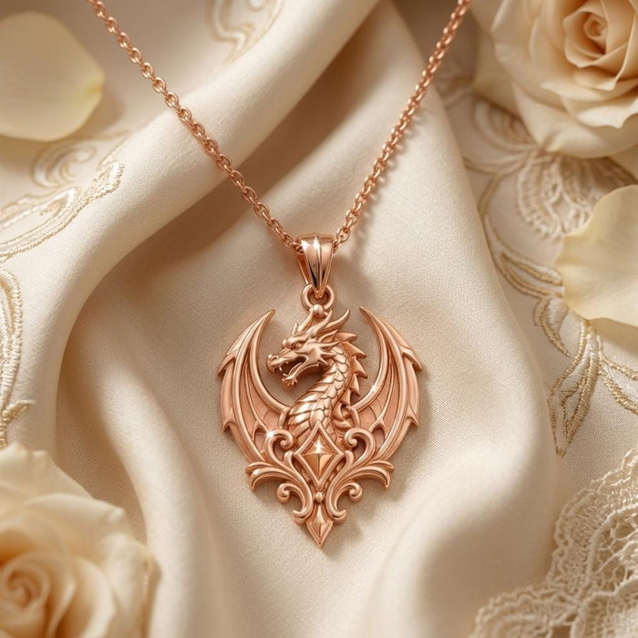 Rose Gold Plated Dragon Crest Pendant on embroidered ivory fabric with roses