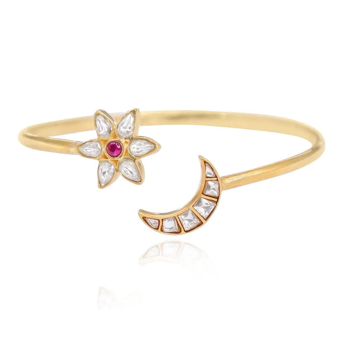 92.5 silver cuff bracelet with crescent moon and star design, blending celestial charm with tradition
