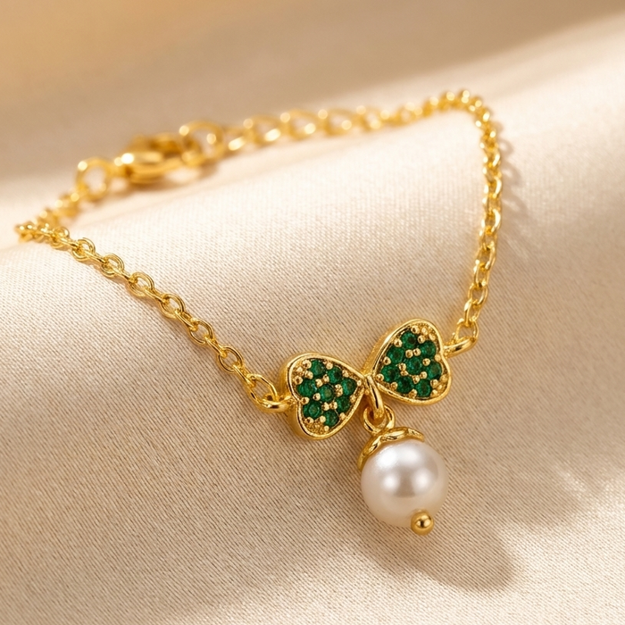 Silver 92.5 Emerald Bow Pearl Bracelet