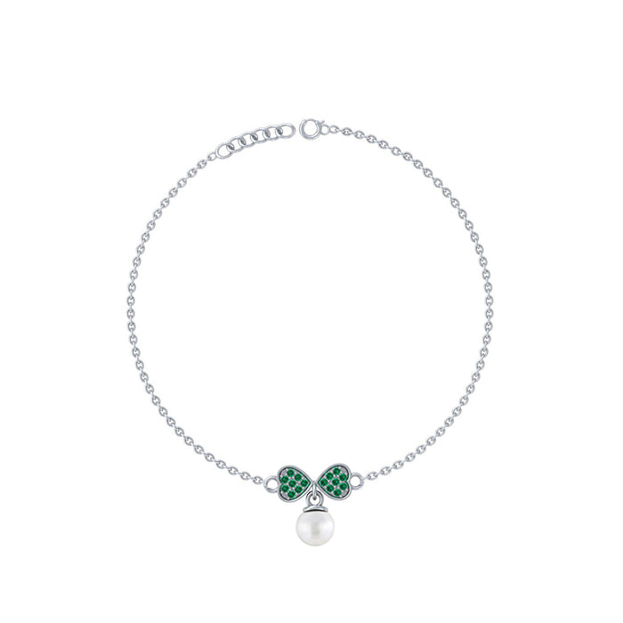 Silver 92.5 Emerald Bow Pearl Bracelet