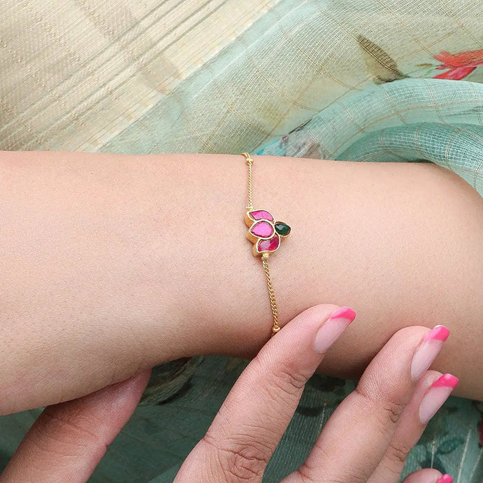 Silver 92.5 Kundan Lotus Anklet & Bracelet