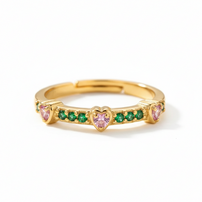 Silver Emerald Pink Heart Ring