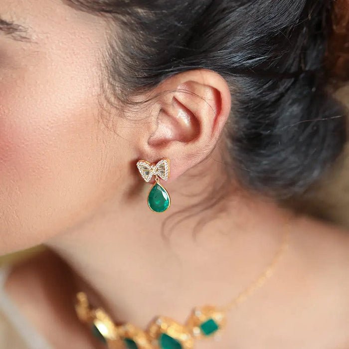 Gold / SILVER GREEN BOW EARRING