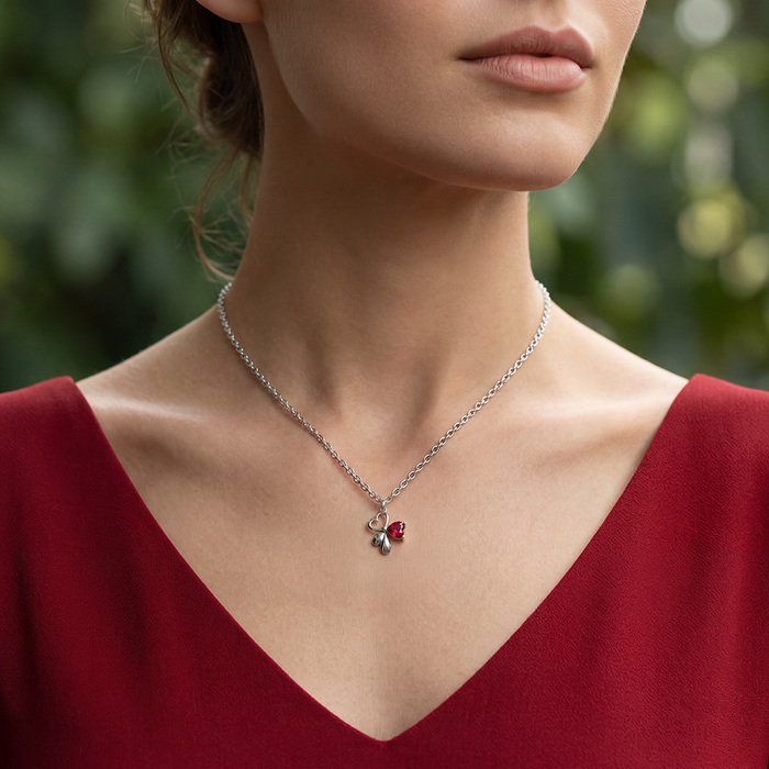 Silver Heart Petal Necklace with Ruby Red Stone