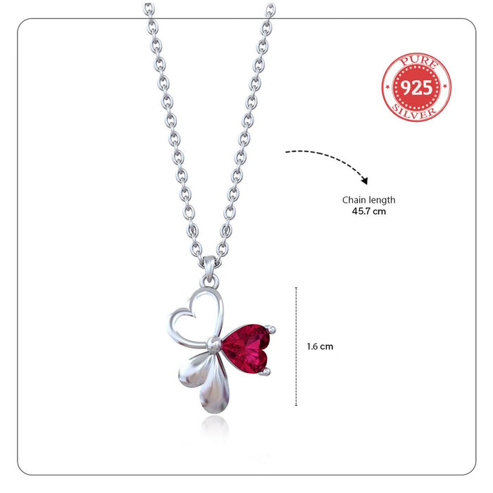 Silver Heart Petal Necklace with Ruby Red Stone