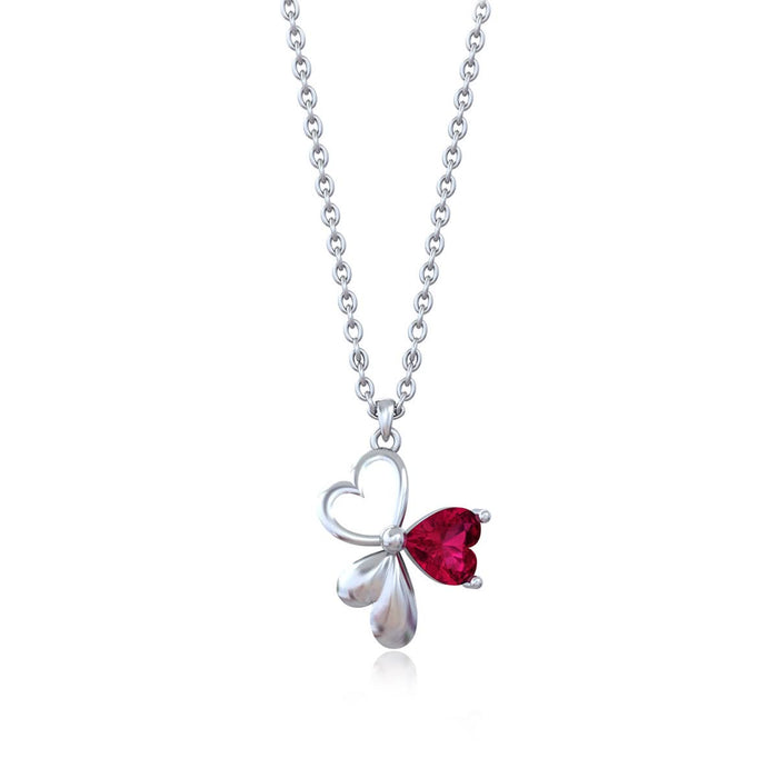 Silver Heart Petal Necklace with Ruby Red Stone