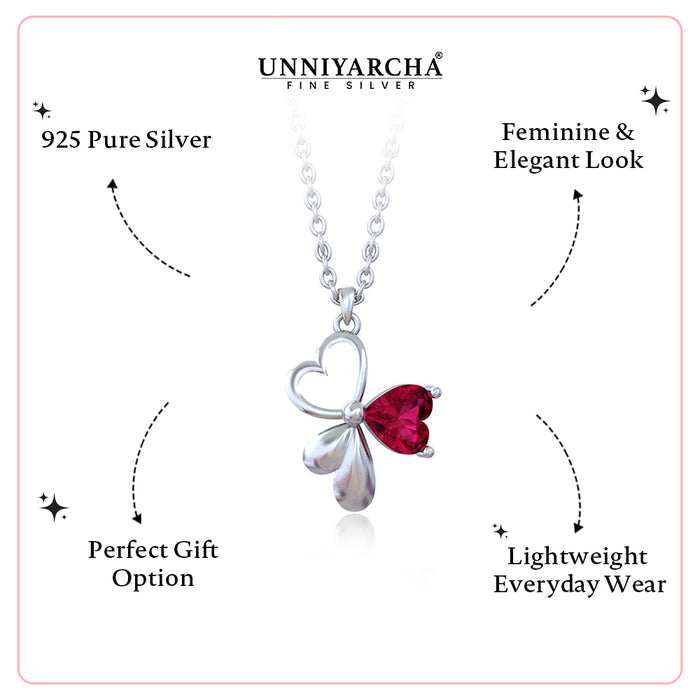 Silver Heart Petal Necklace with Ruby Red Stone