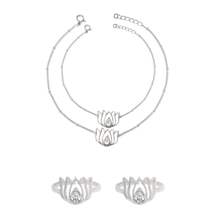 Silver Lotus 92.5 Silver Anklet Set