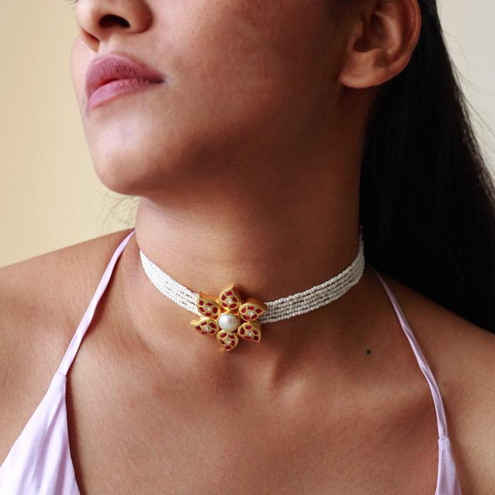 Gold Plated Silver Kundan Flower Choker Necklaces Choker - By Unniyarcha - Original Manufacturers of Silver Jewelry, Gold Plated Jewellery, Fashion Jewellery and Personalized Soul Bands and Personalized Jewelry