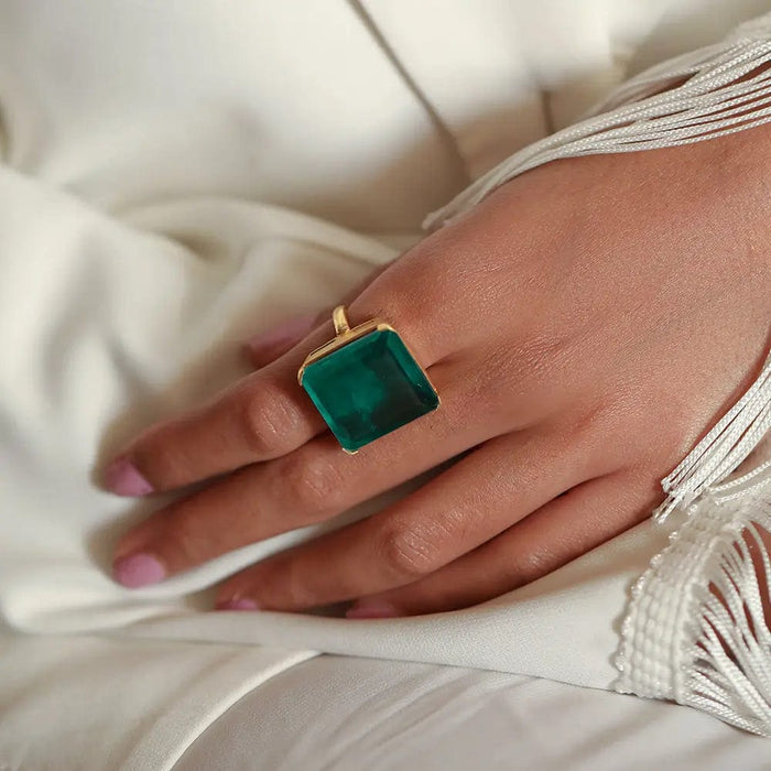 Silver Square Green Ring